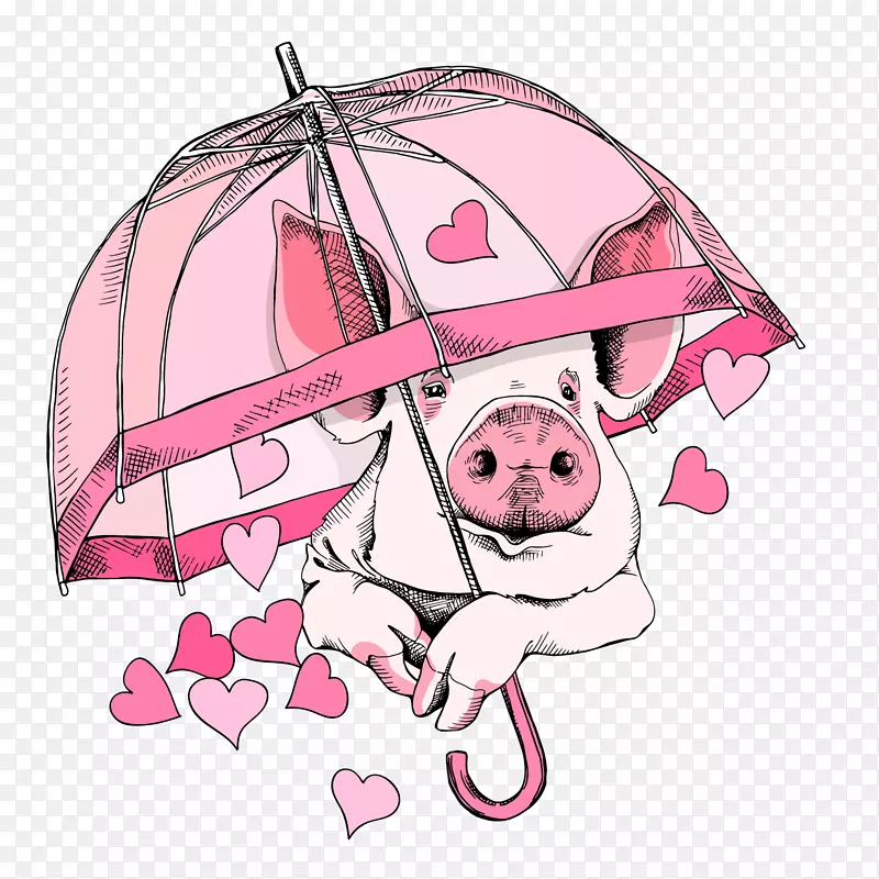 撑着雨伞的粉猪矢量图