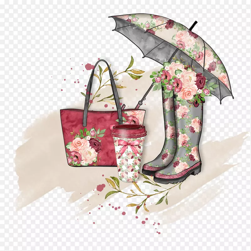 印花图案的雨鞋和雨伞