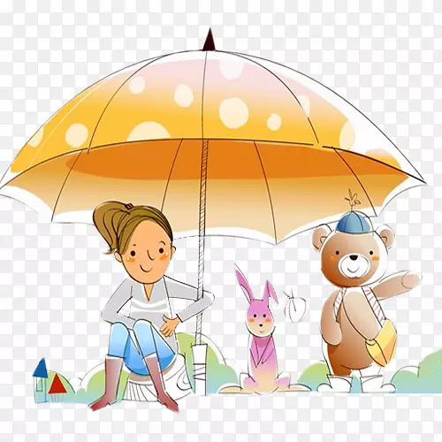 小女孩和小熊一起撑伞