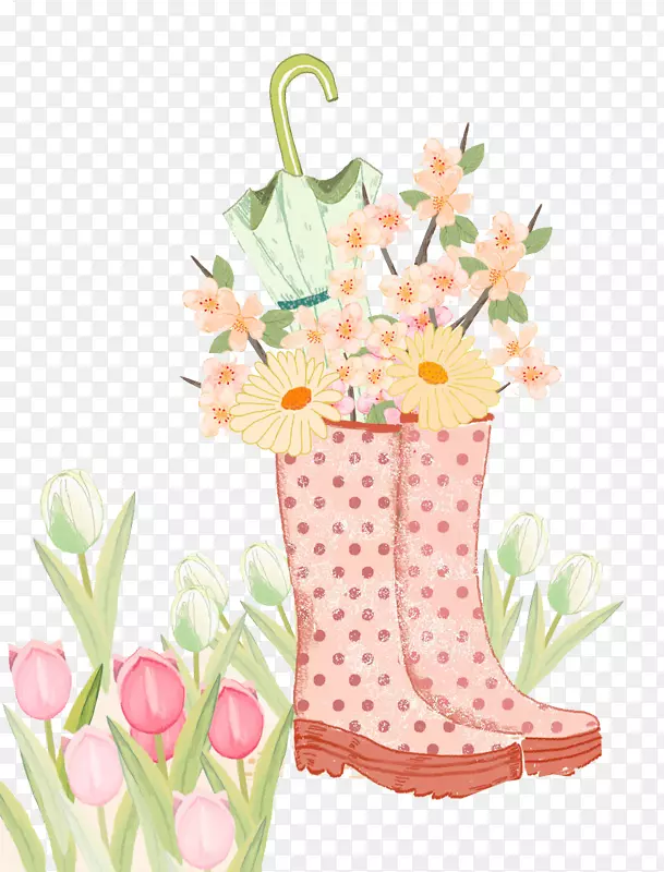 水彩手绘插画雨靴鲜花与雨伞