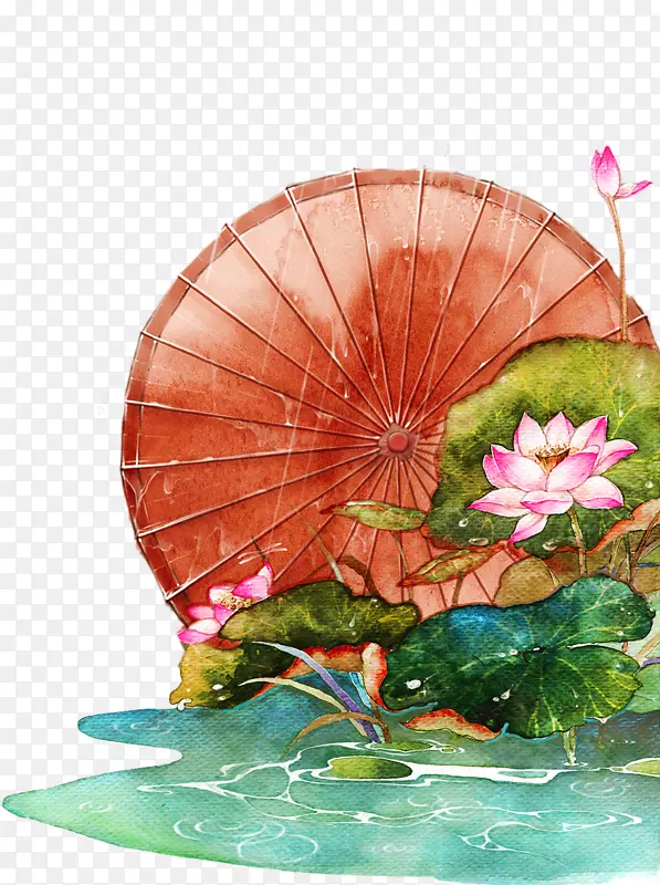棕色中国风雨伞莲花装饰图案