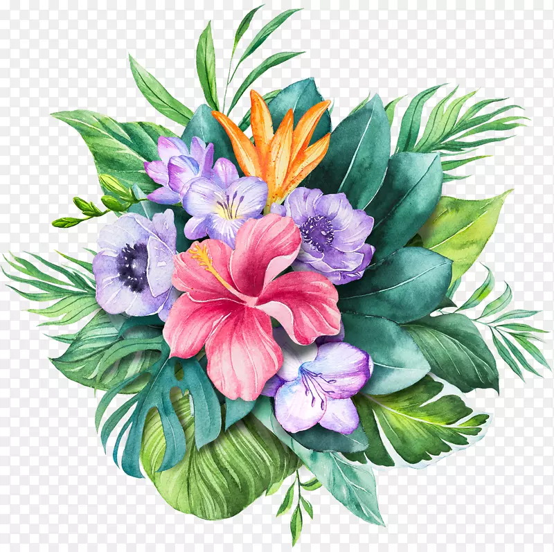 唯美的手绘绿植兰粉色花