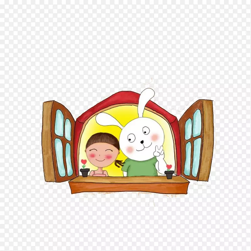 卡通看窗外的小兔子和小女孩素材