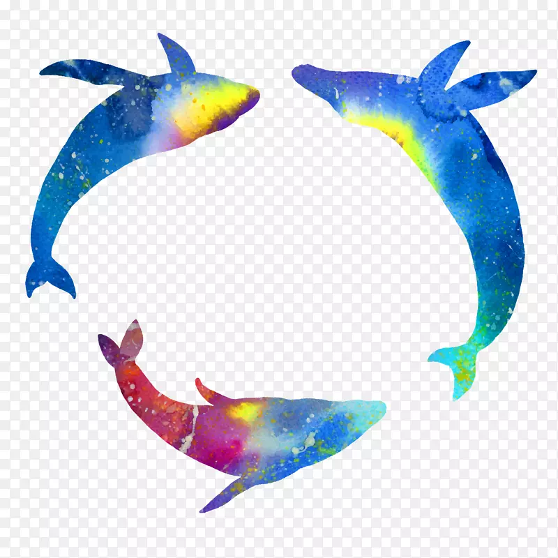 三头鲸鱼绕圈水彩风