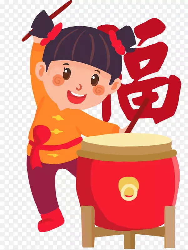 卡通新年敲威风锣鼓小女孩素材