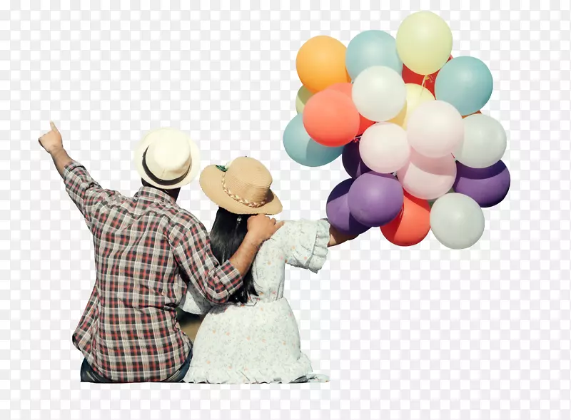 恋人情侣爱情气球坐着的人看风景