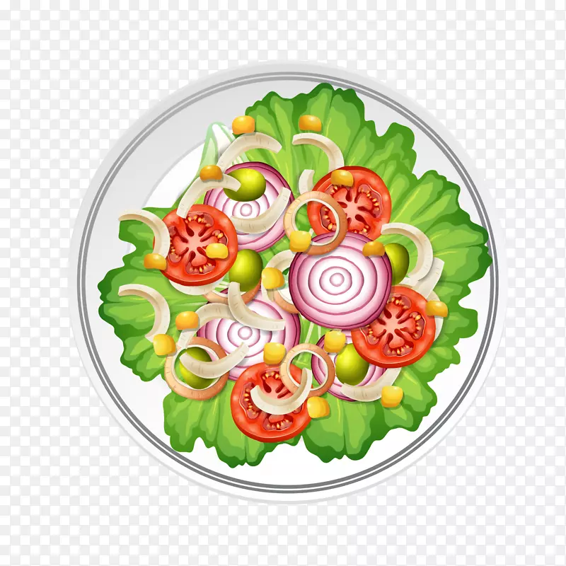 一盘洋葱西红柿生菜蔬菜