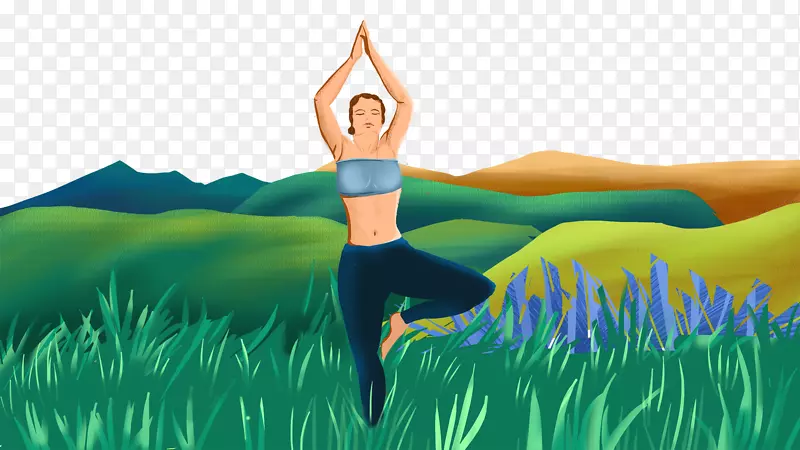 免抠卡通手绘在草丛里练瑜伽的女