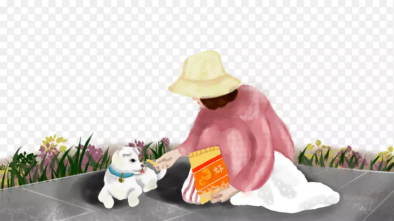 免抠卡通手绘女孩喂流浪狗吃食物