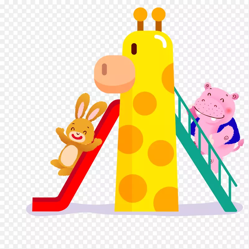 卡通玩滑滑梯的小动物设计