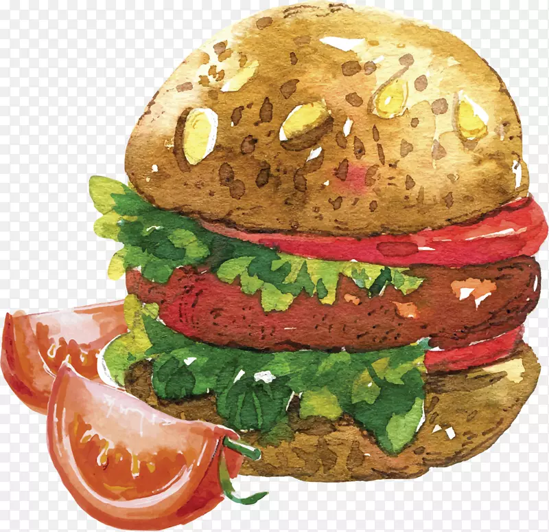 水彩手绘牛肉汉堡