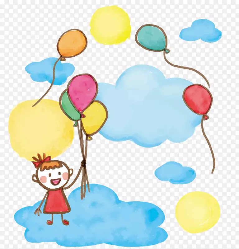 卡通云朵上的小女孩与气球