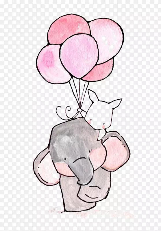 卡通手绘手拿气球的兔子小象