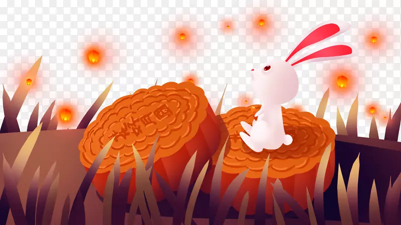 免抠卡通手绘坐在月饼上赏月的兔