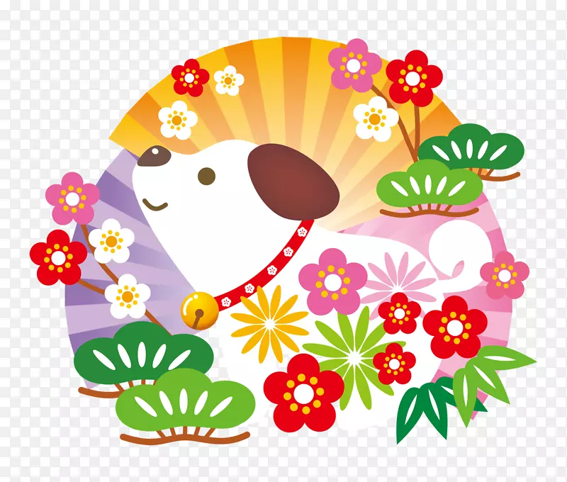 花卉中的卡通小狗