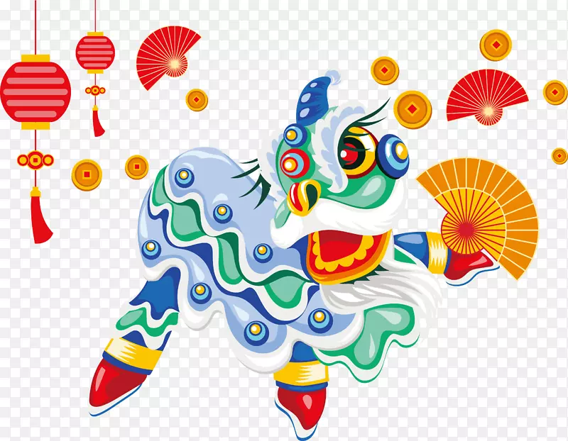 新年春节习俗舞狮子喜庆气氛舞扇子