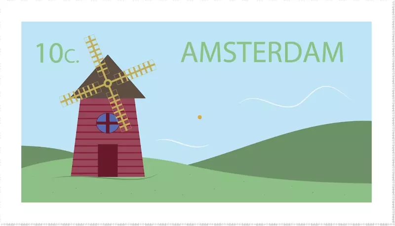 矢量图荷兰的风车邮票