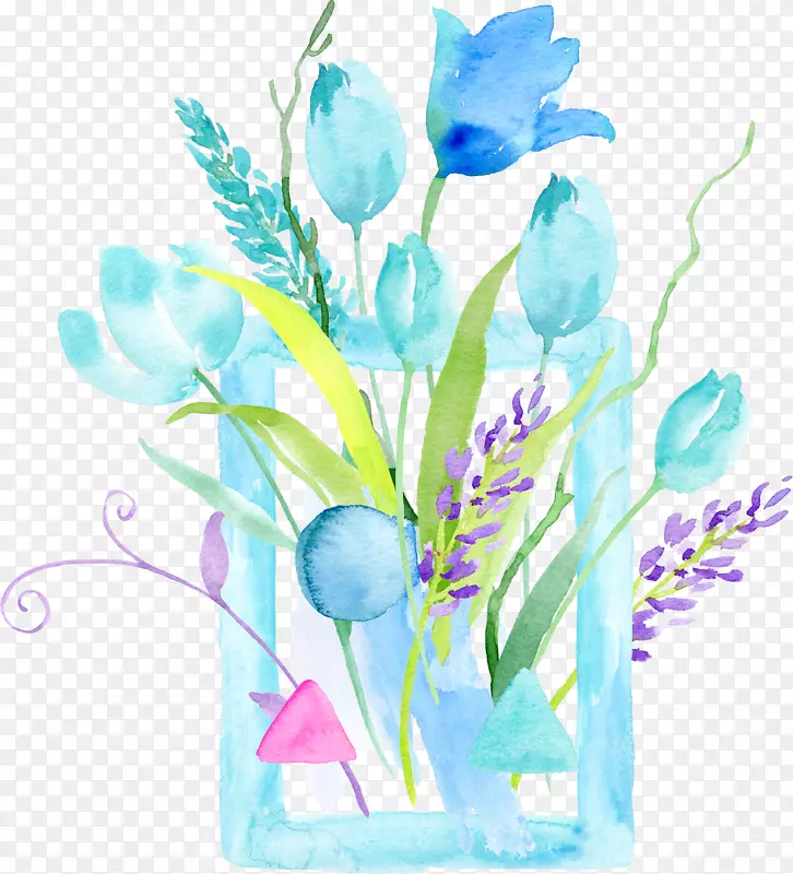 淡蓝色水彩水墨花卉