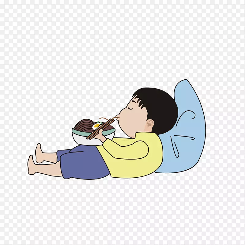 卡通躺着吃面的男孩素材