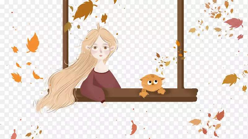 免抠卡通手绘秋季坐在窗前的女孩
