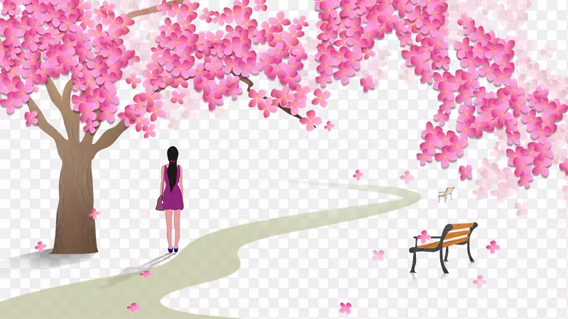 免抠卡通手绘樱花树下看风景的女