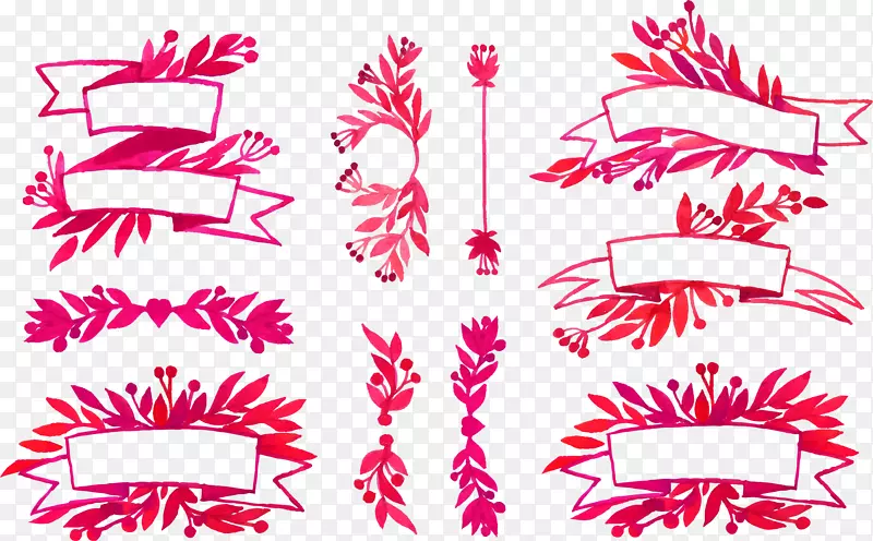 水彩绘丝带与花卉横标矢量