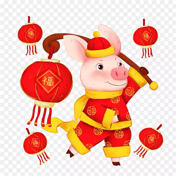 手绘插画中国风小猪和灯笼
