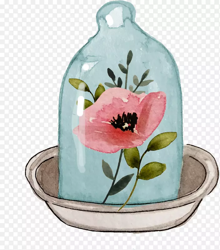手绘卡通玻璃瓶中花卉