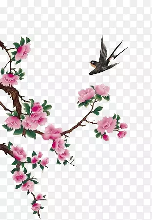 卡通手绘粉色的花朵与燕子
