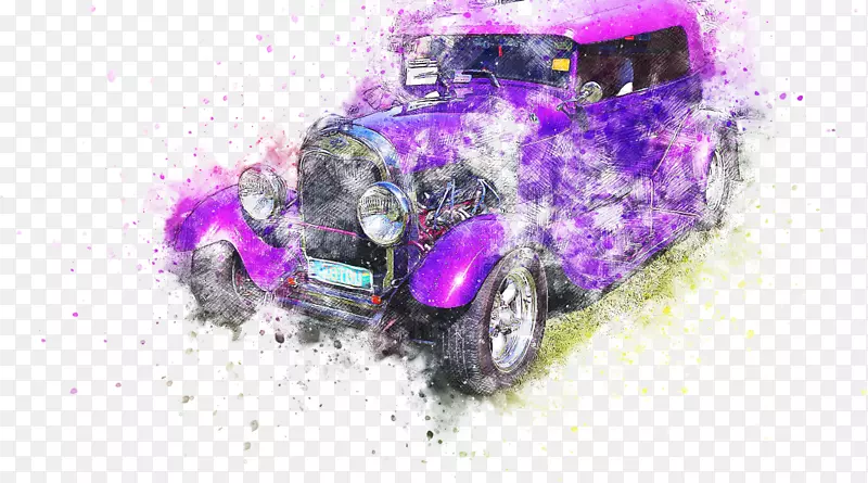 紫色创意彩绘汽车高清免抠手绘彩