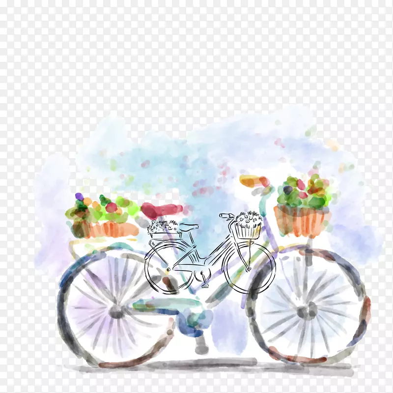 水彩绘装满鲜花的单车矢量