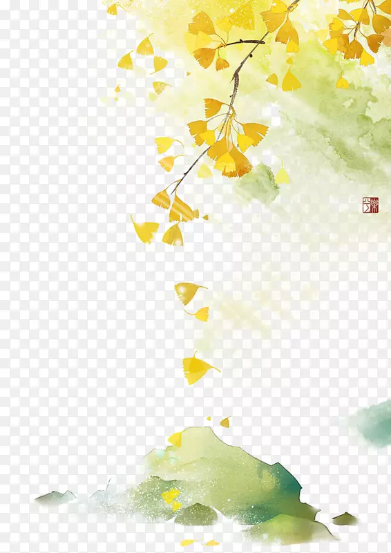 金黄树叶飘落水彩画
