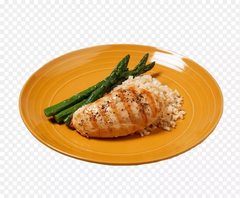 简洁橙色盘子装着的烤鸡胸肉和米