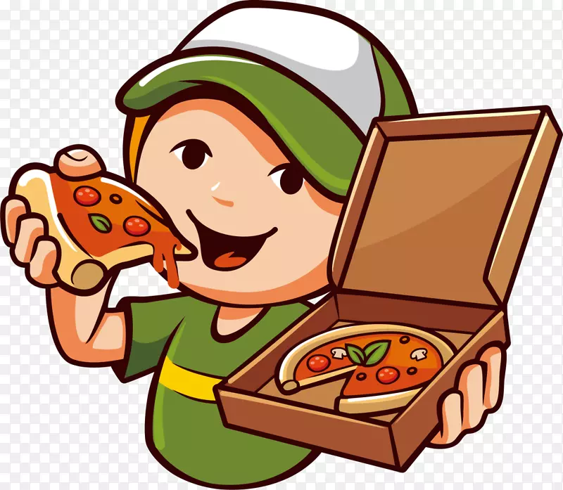 微笑卡通吃披萨的男孩