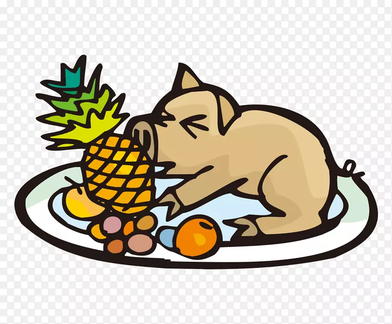 卡通餐盘上的猪与菠萝