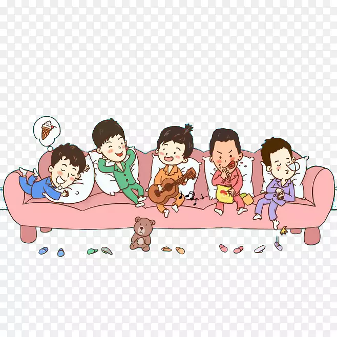 手绘五个男人在沙发上吃薯片睡觉