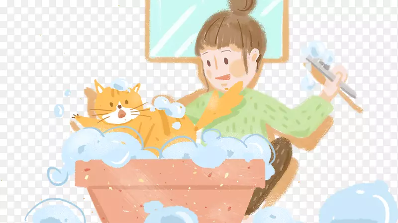 免抠卡通手绘给猫咪洗澡的女孩