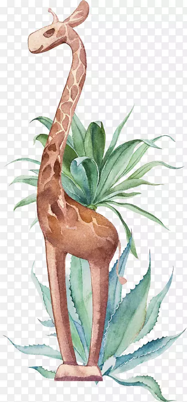 唯美的手绘绿植长颈鹿