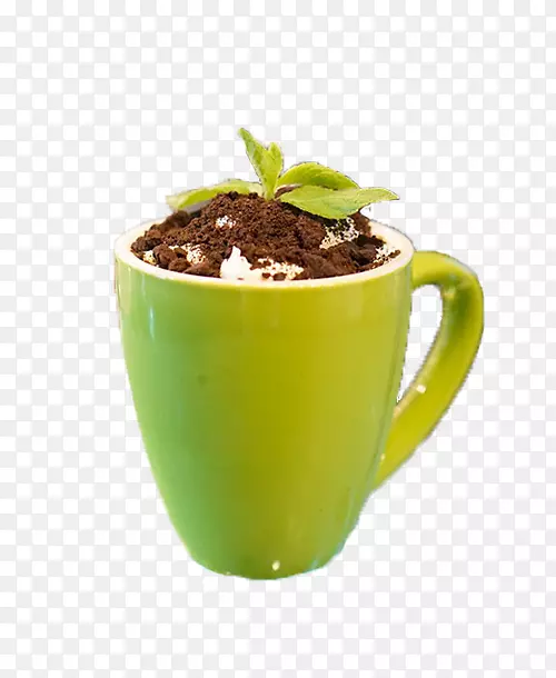 绿色陶瓷杯装的盆栽奶茶