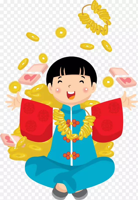 穿着彩色唐装撒钱的男生