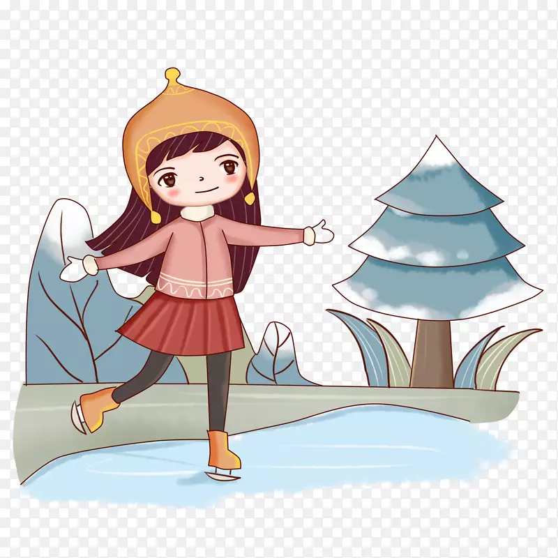 卡通冬季滑雪小女孩