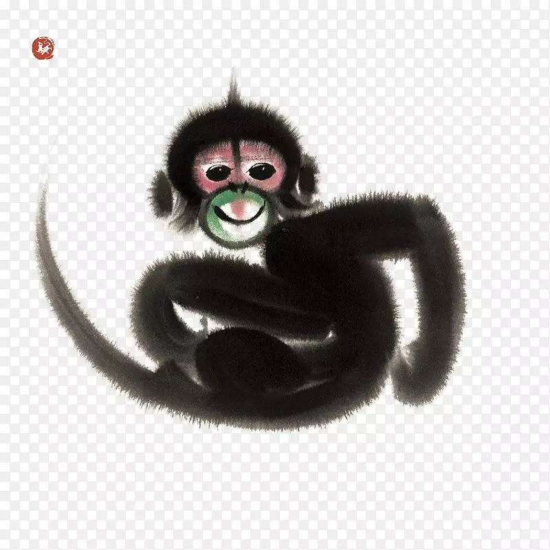 可爱的中国风水墨猴子插画免抠