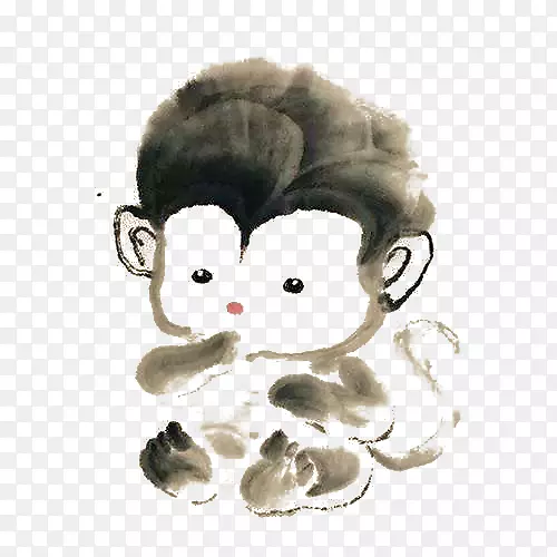 中国风水墨画可爱的小猴子免抠