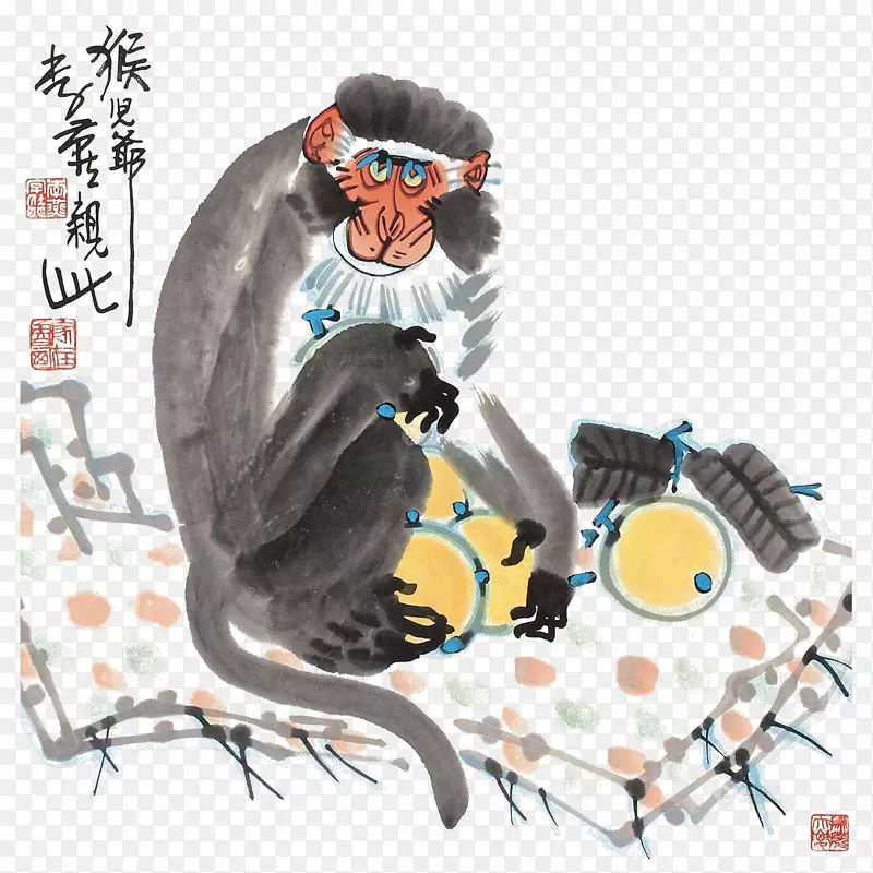 中国风水墨猿猴和枇杷插画免抠
