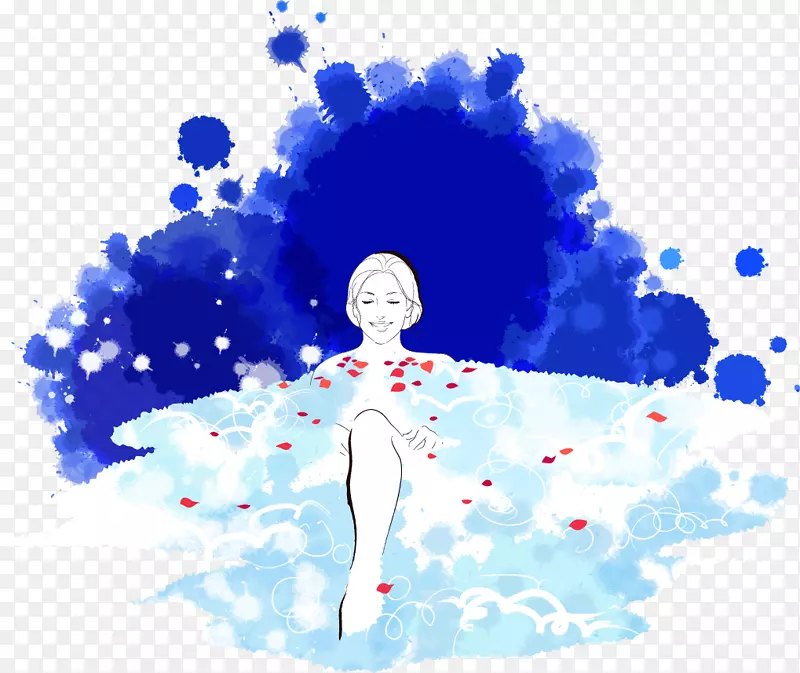 手绘插图女孩浴池泡澡