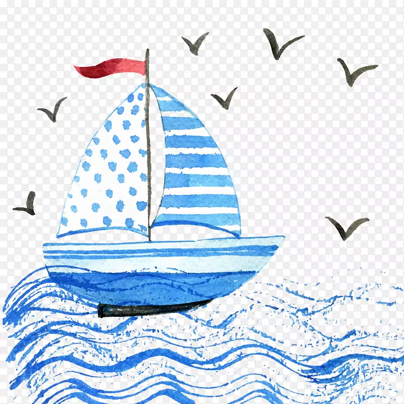 手绘蓝色航海的帆船矢量图