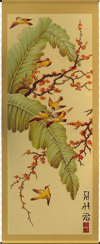卡通手绘中国风画卷植物小鸟