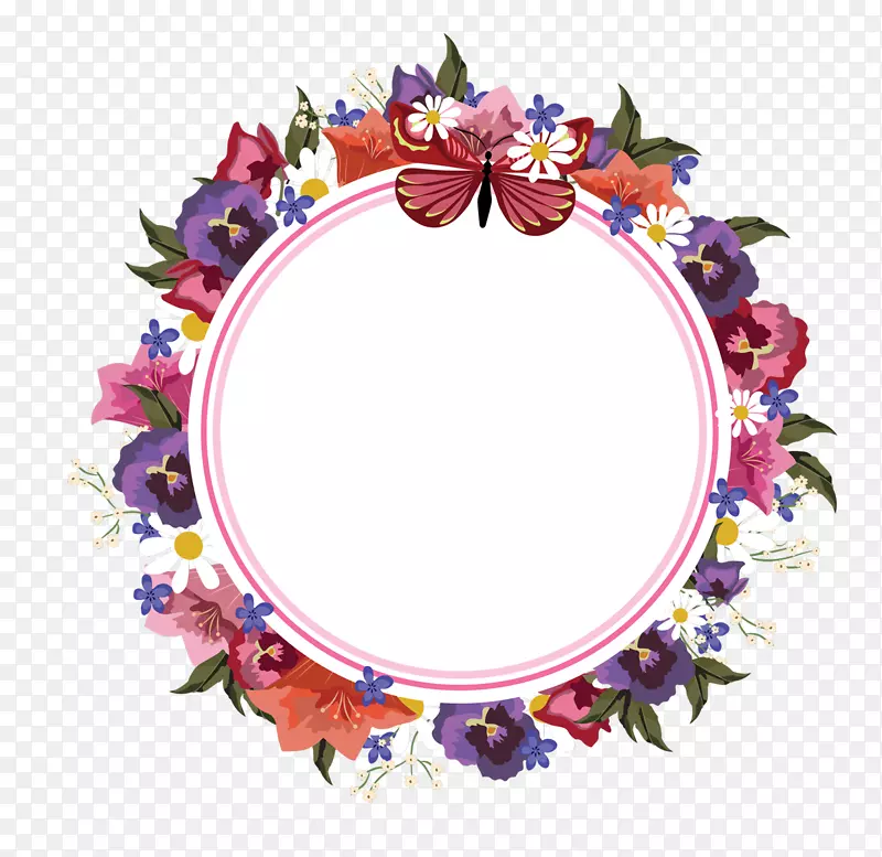 三八节花环圆形手绘花朵标签