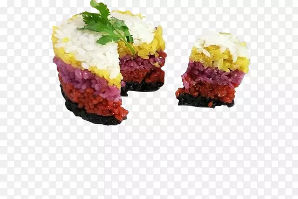 五色糯米饭彩虹米饭绿叶蛋糕状糯