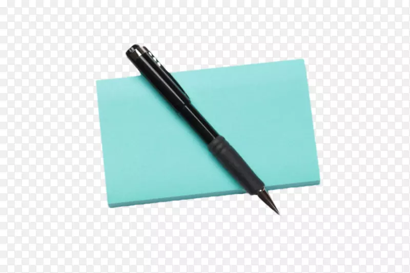 放着黑色笔的蓝色便笺纸实物